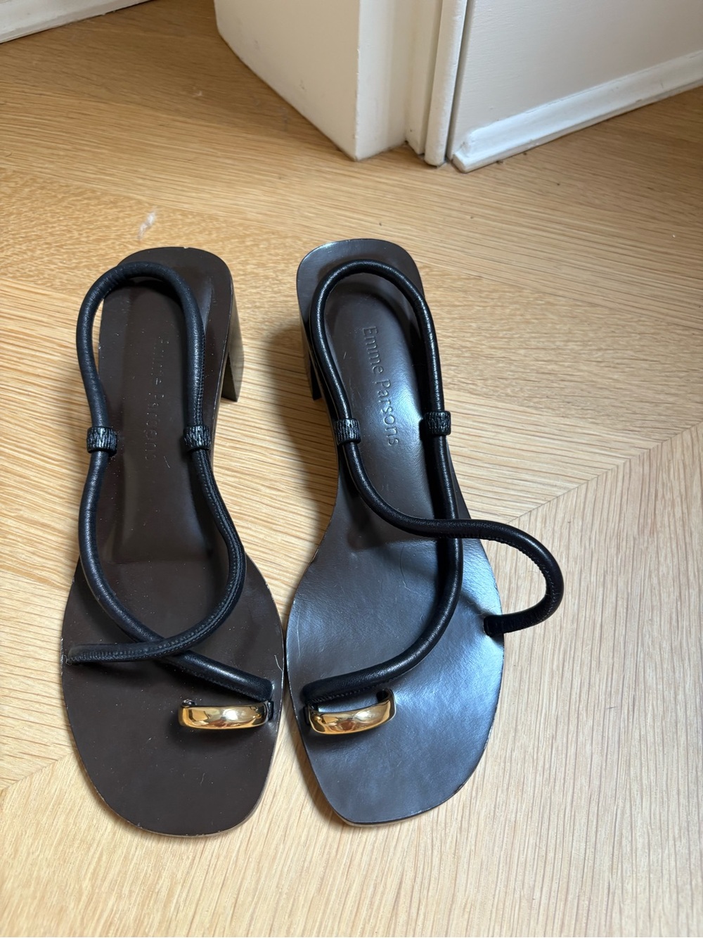 Emme Parsons Black Strappy Mid-Heel Sandals with Gold Toe Accent - Picture 2 of 4